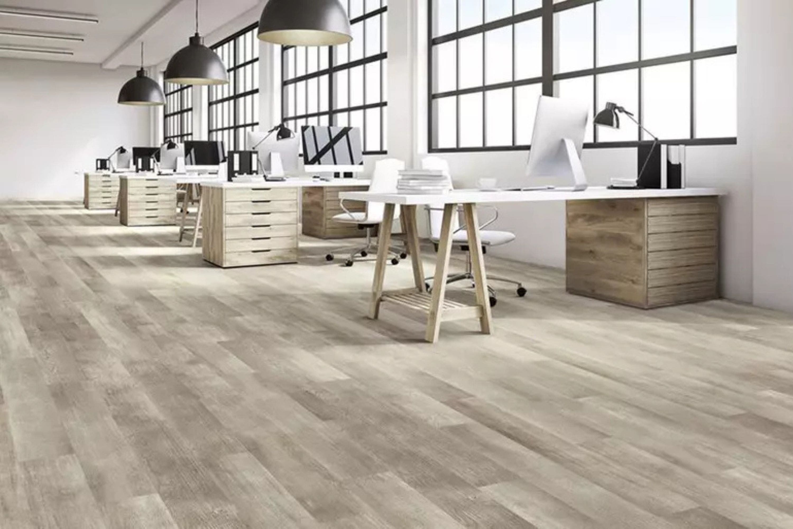 Bright commercial luxury vinyl tile flooring in a modern office